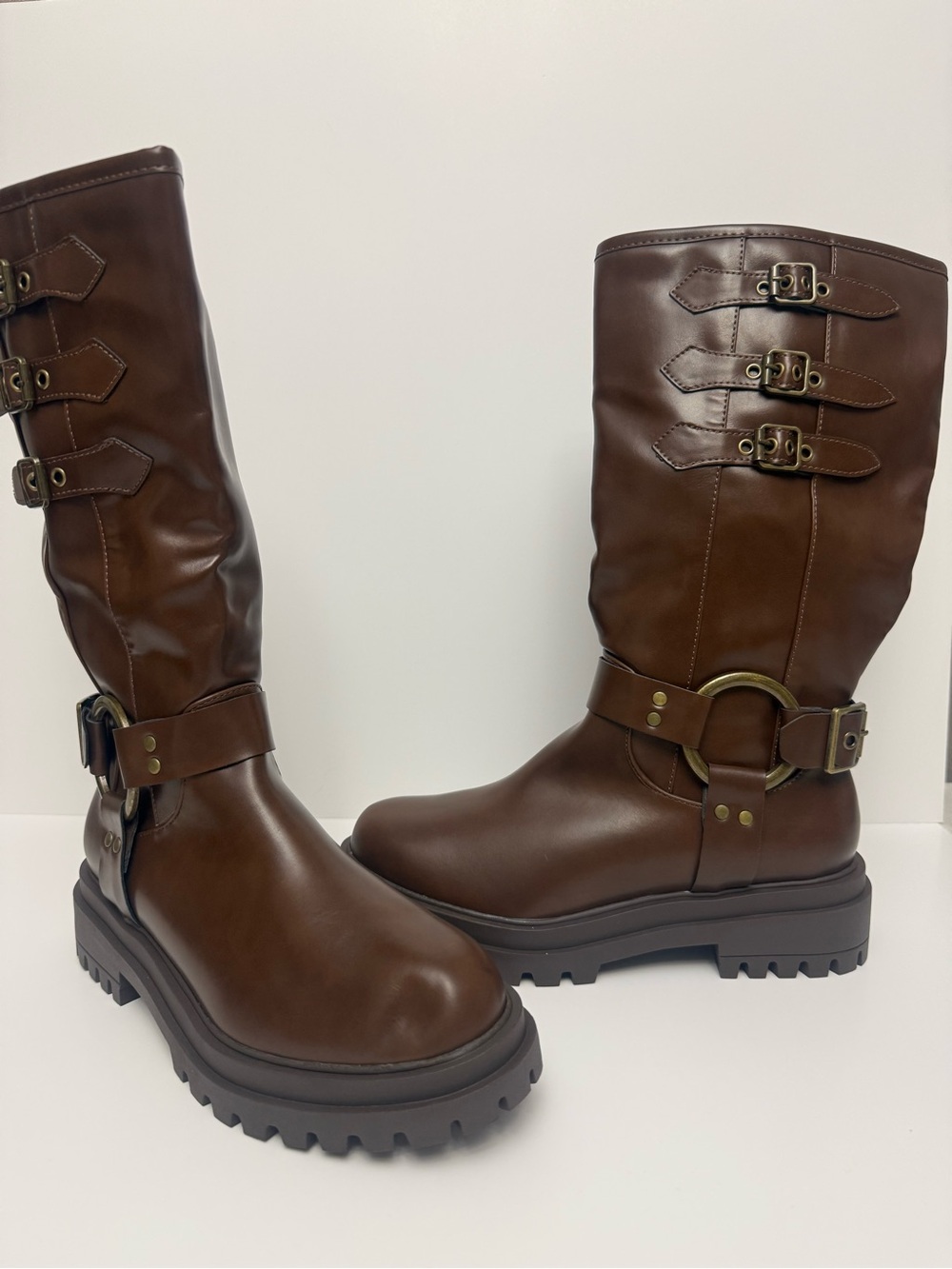 IDIFU Brown Buckled Combat Moto Boots